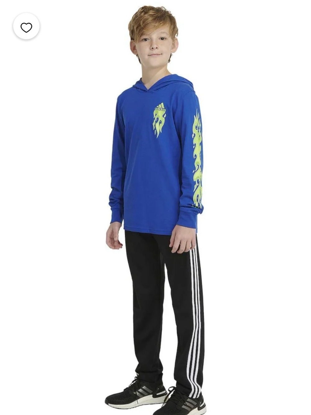 adidas Blue Hooded Long Sleeve Tee with Neon Green Flame Accents